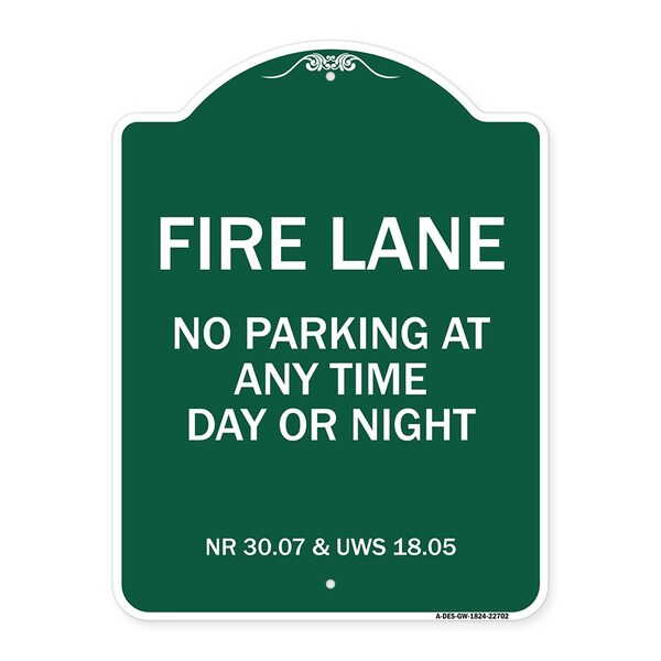 Wisconsin Fire Lane No Parking Anytime Day or Night, Green & White Alum, 18" x 24", GW-1824-22702